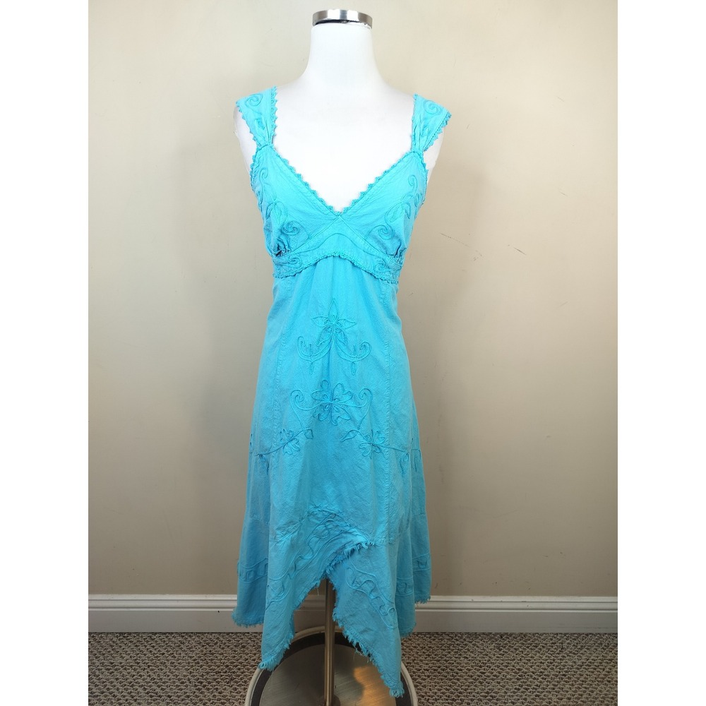 Giocan Embroidered Cotton Midi Dress Small Sleeveless Smocked Blue